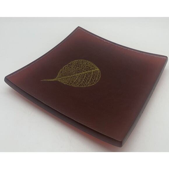 Signed Annieglass USA Fallen Leaf Cranberry Art Glass Slab Plate 8” 32/37 - Picture 7 of 7